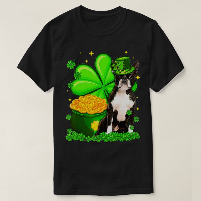 Camiseta St Patrick's Day Boston Terrier Shamrock Mascota D (Diseño del anverso)