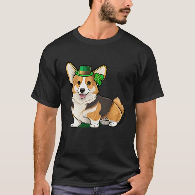 Camiseta St Patrick's Day Corgi Dog Irish Shamrock Leprecha (Anverso)