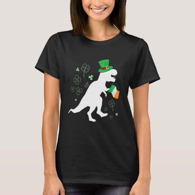 Camiseta St Patricks day dinosaur t-rex with irish flag for (Anverso)
