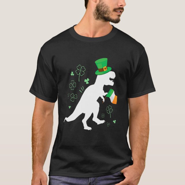 Camiseta St Patricks day dinosaur t-rex with irish flag for (Anverso)