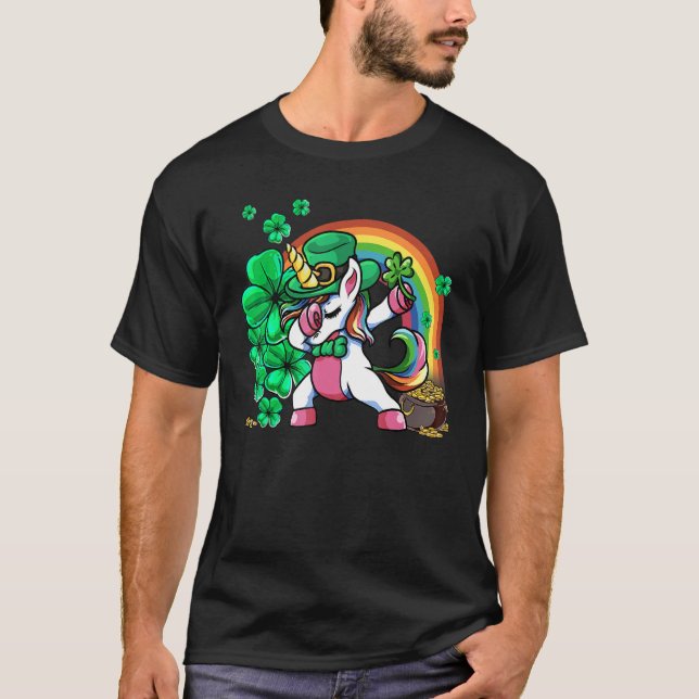Camiseta St Patricks Day Girls Dabbing Unicorn Leprechaun L (Anverso)