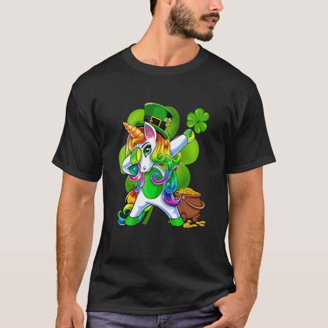 Camiseta St Patricks Day Girls Dabbing Unicorn Leprechaun L (Anverso)