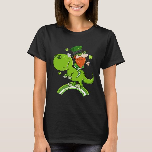 Camiseta St Patricks Day Leprechaun Riding A Dinosaur Shamr (Anverso)