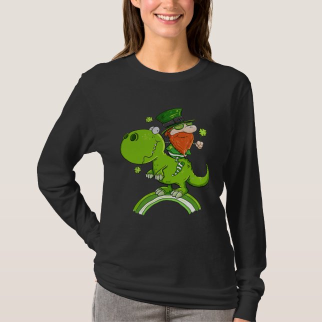 Camiseta St Patricks Day Leprechaun Riding A Dinosaur Shamr (Anverso)