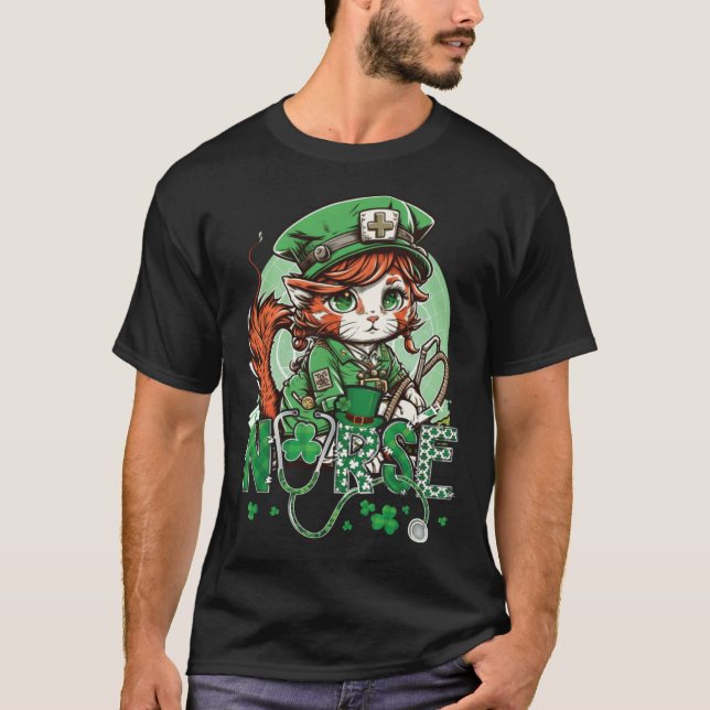 Camiseta St Patricks Day Nurse Cat Leprechaun Lucky Green P (Anverso)
