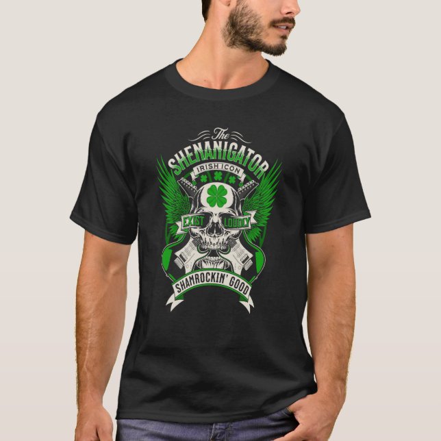 Camiseta St Patricks Day Shamrock Guitar Rock N Roll Skull  (Anverso)