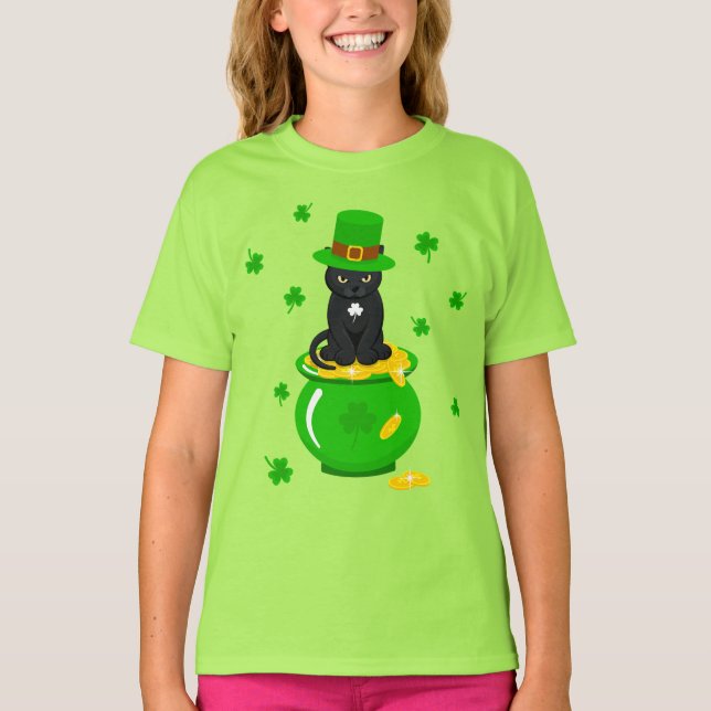 Camiseta St. Patrick's Day Shamrock Pot of Gold Black Cat (Anverso)