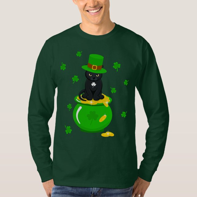 Camiseta St. Patrick's Day Shamrock Pot of Gold Black Cat (Anverso)