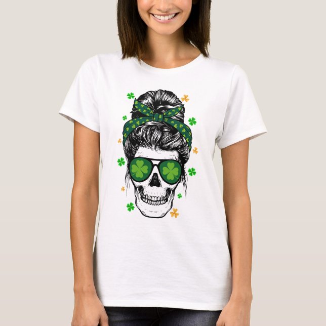 Camiseta St Patricks Day Skull Messy Bun Saint Pattys Paddy (Anverso)