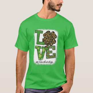 Camiseta St Patricks Teacher Messy Bun Leopard Bleached Iri