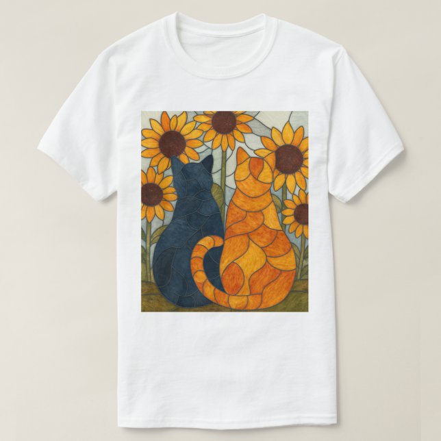 Camiseta Stained Glass Cats and Sunflowers Art Design (Diseño del anverso)