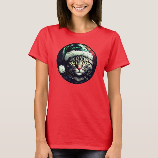 Camiseta Stained-Glass Christmas Grey Tabby In Green Hat (Anverso)