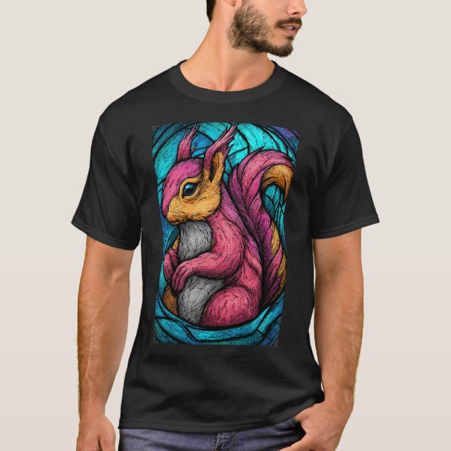 Camiseta Stained-Glass Squirrel – Teal & Magenta Woodland A (Anverso)