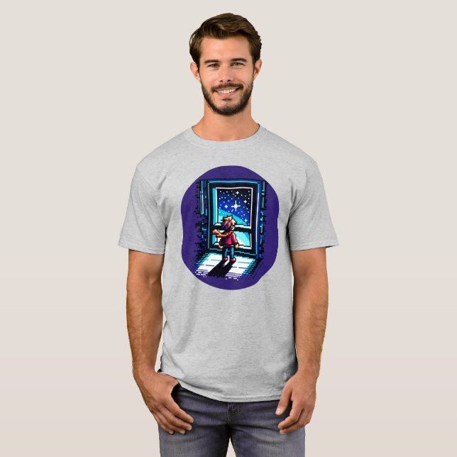Camiseta Stargazer en la ventana Dreamy Pixel Art Night Sky (Anverso completo)