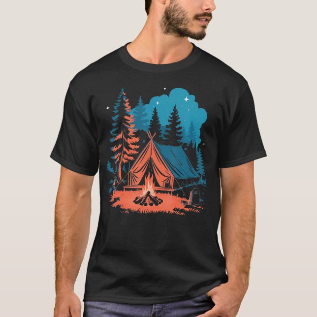Camiseta Starlit Camping Tent Campfire And Pine Trees Adven (Anverso)