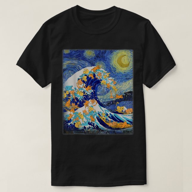 Camiseta Starry Night and Great Wave Cat, Cat Lover, Cat Mo (Diseño del anverso)