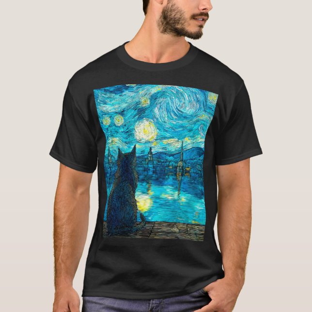 Camiseta Starry Night Cat Art – Van Gogh Style Night  (Anverso)