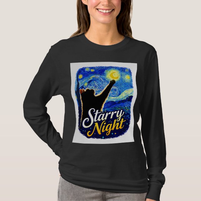 Camiseta Starry Night Cat – Artistic Black Cat Reaching the (Anverso)