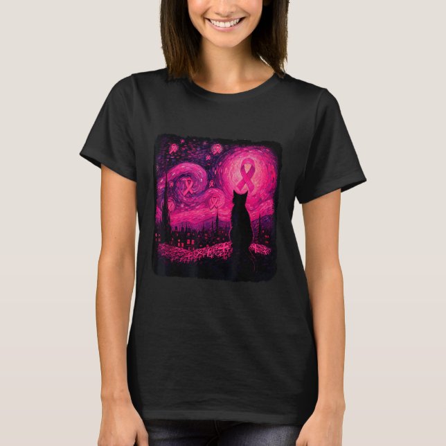 Camiseta Starry Night Van Gogh Cat Halloween Breast Cancer  (Anverso)