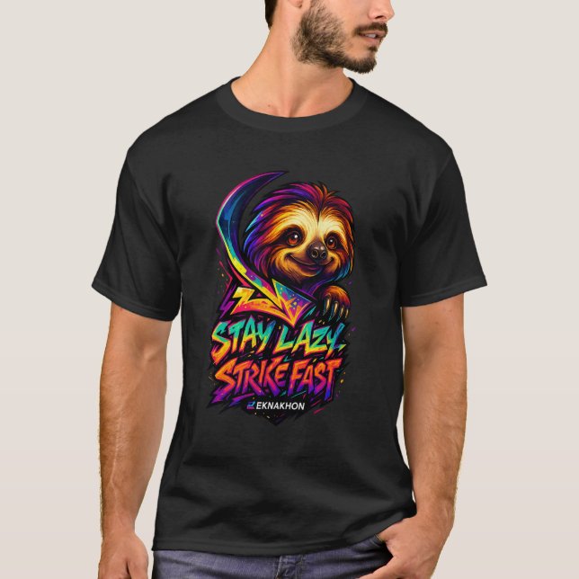 Camiseta STAY LAZY, STRIKE FAST – Lightning Sloth Glow Tee  (Anverso)