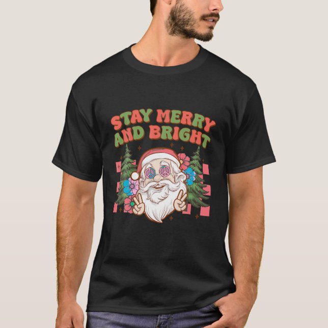 Camiseta Stay Merry y Bright Groovy Santa Floral Hippie C (Anverso)