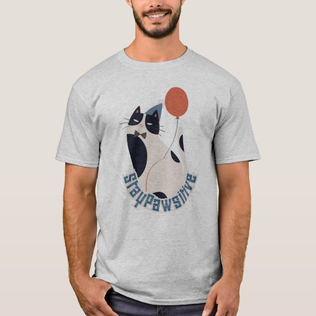 Camiseta Stay Pawsitive Cute Tuxedo Cat Grey Party Tee (Anverso)