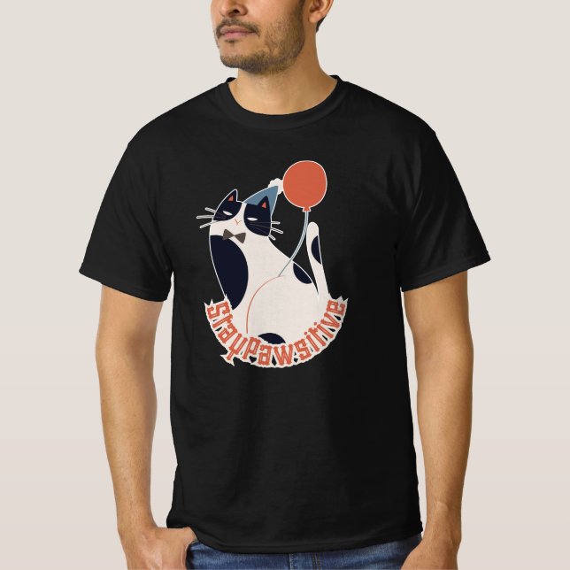 Camiseta Stay Pawsitive Tuxedo Cat Birthday Party Grey  (Anverso)