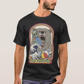 Camiseta Stay Positive Alien Bear Surfing Retro Art