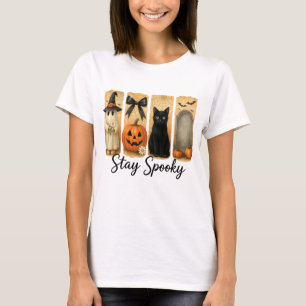 Camiseta "Stay Spooky" Cepillo de Halloween Stroke Cat Wome