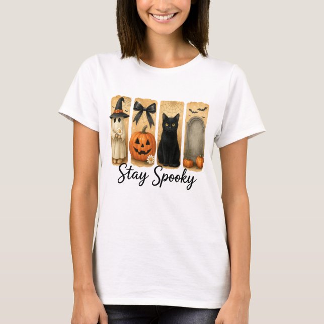 Camiseta "Stay Spooky" Cepillo de Halloween Stroke Cat Wome (Anverso)