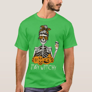 Camiseta Stay Witchy Skeleton Bebe Messy Bun Leopard Ha