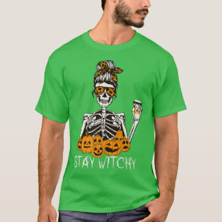 Camiseta Stay Witchy Skeleton Bebe Messy Bun Leopard Ha