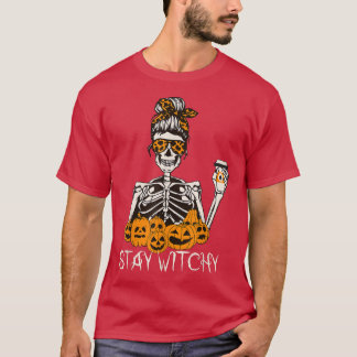 Camiseta Stay Witchy Skeleton Bebe Messy Bun Leopard Ha