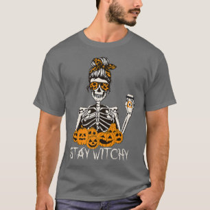 Camiseta Stay Witchy Skeleton Bebe Messy Bun Leopard Ha