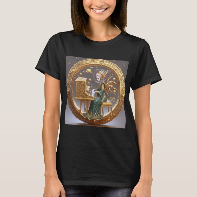 Camiseta Steampunk Beautiful Space Alien jugando al piano (Anverso)