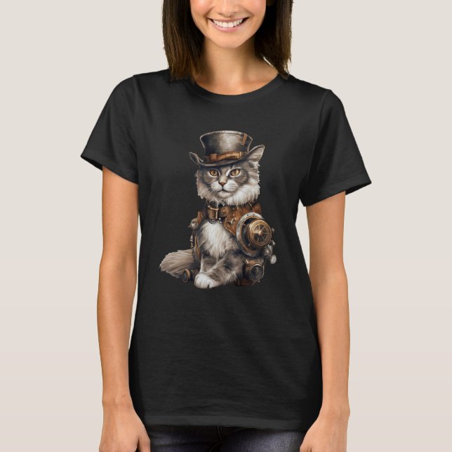 Camiseta Steampunk Cat With Hat Graphic Design Cat  Fantasy (Anverso)