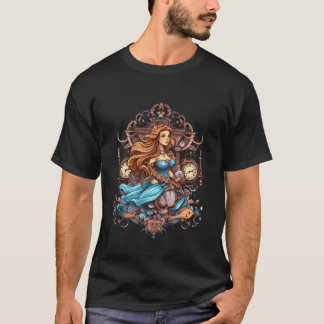 Camiseta Steampunk Mermaid in a Blue Dress on a Man's Black