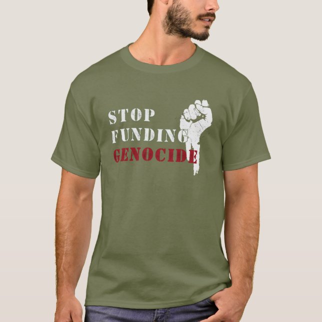 Camiseta Stop Funding Genocide – Verde fatiga (Anverso)