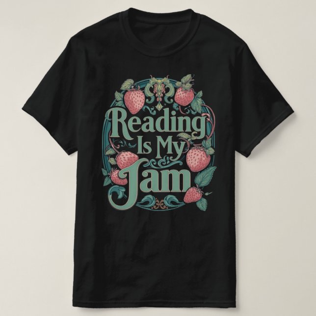 Camiseta Strawberry Book Lover Tee – Reading Is My Jam (Diseño del anverso)