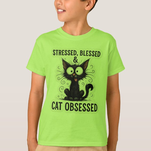 Camiseta Stressed Blessed & Cat Obsessed Funny Black Cat De (Anverso)