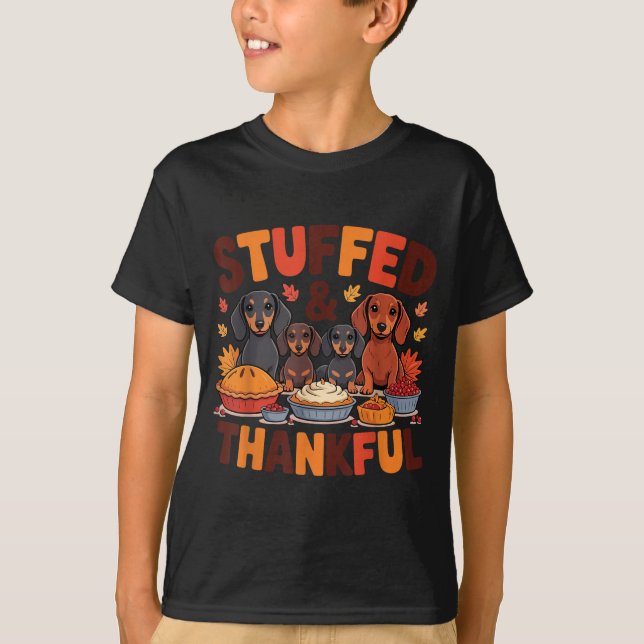 Camiseta Stuffed And Thankful Dachshund Funny Thanksgiving  (Anverso)