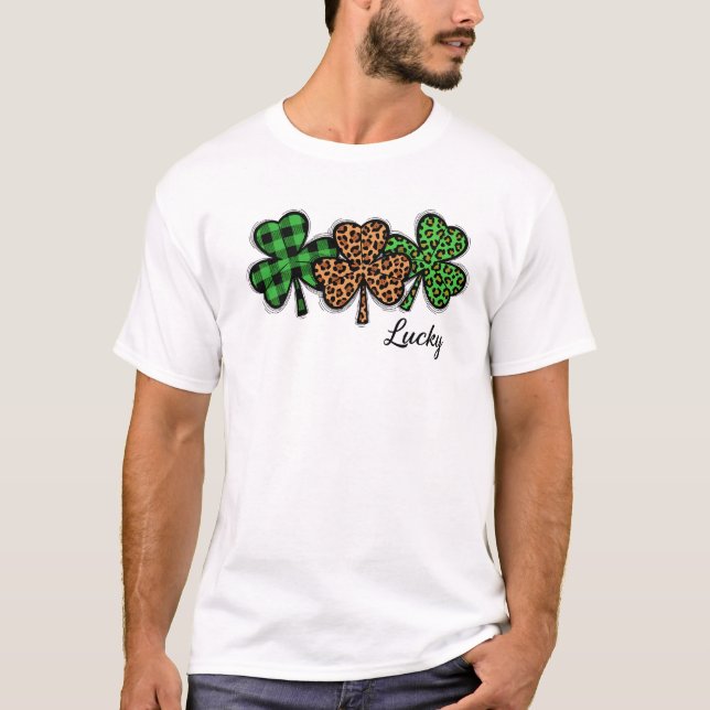 Camiseta Stylish Lucky Clover Buffalo Plaid Leopard Art (Anverso)