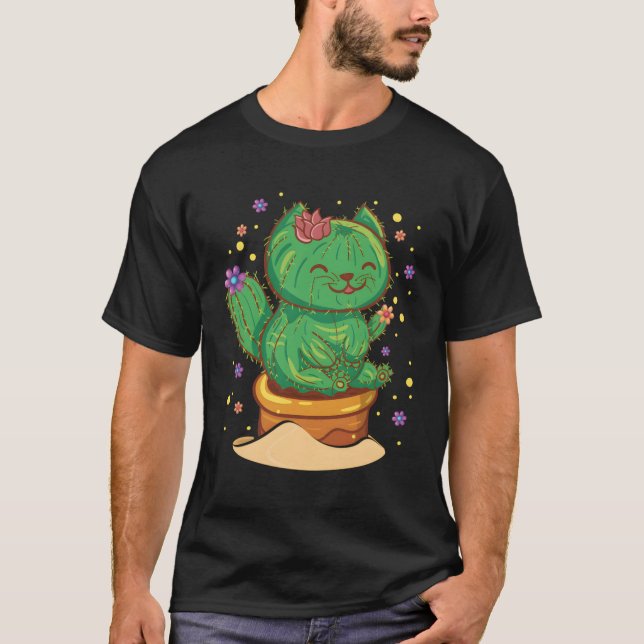Camiseta Suculento Gato Sentado En Flores De Cactus De Flor (Anverso)