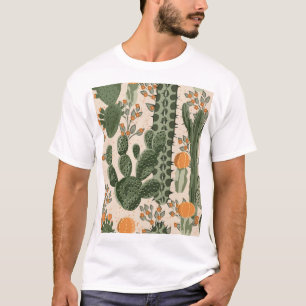 Camiseta Suculentos verdes, flores naranjas, papel pintado 
