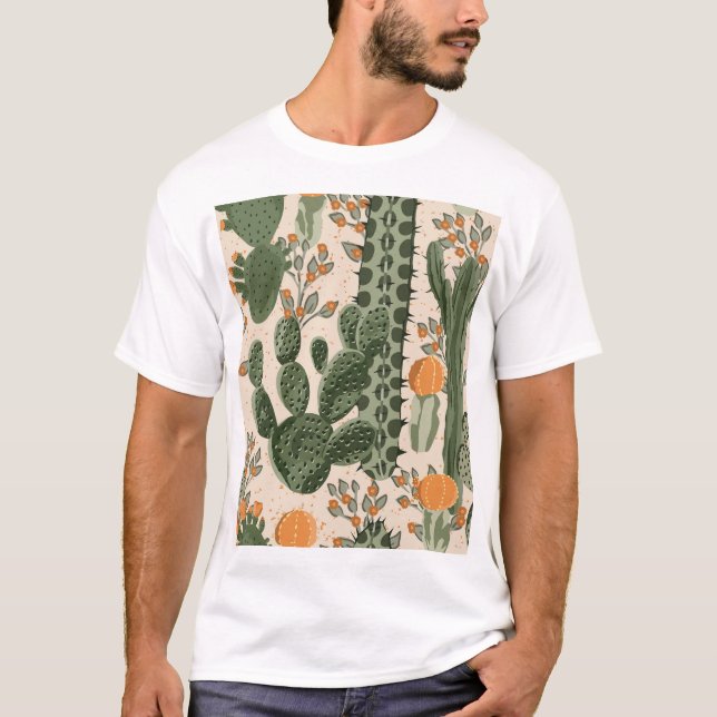 Camiseta Suculentos verdes, flores naranjas, papel pintado  (Anverso)