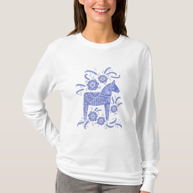 Camiseta sueca Dala Horse Blue y White (Anverso)
