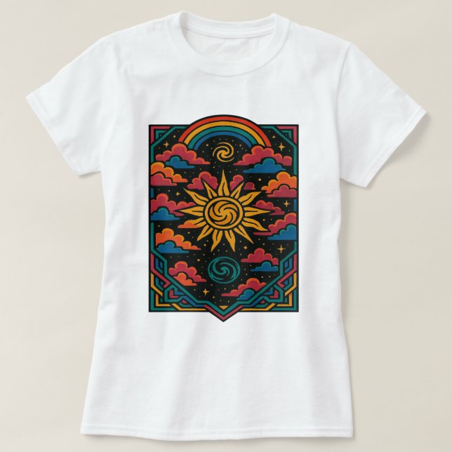 Camiseta Sueños celestes - Arte Retro Sol y Tarot Arcoiris (Diseño del anverso)
