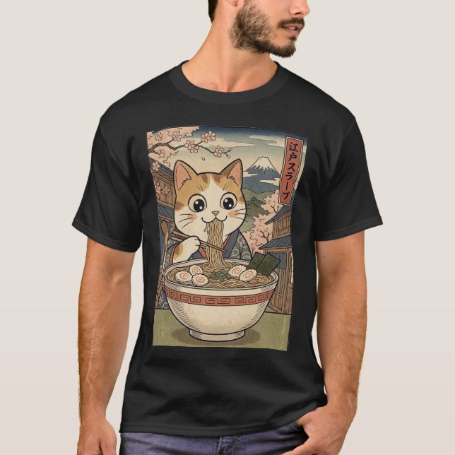 Camiseta Sueños de Ramen de Neko – Gato de estilo grabado e (Anverso)