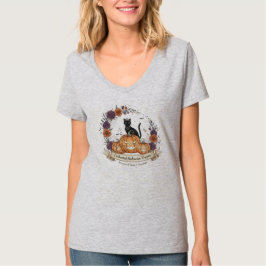 Camiseta "Sueños sublimes de Halloween" gato negro V-Cuello