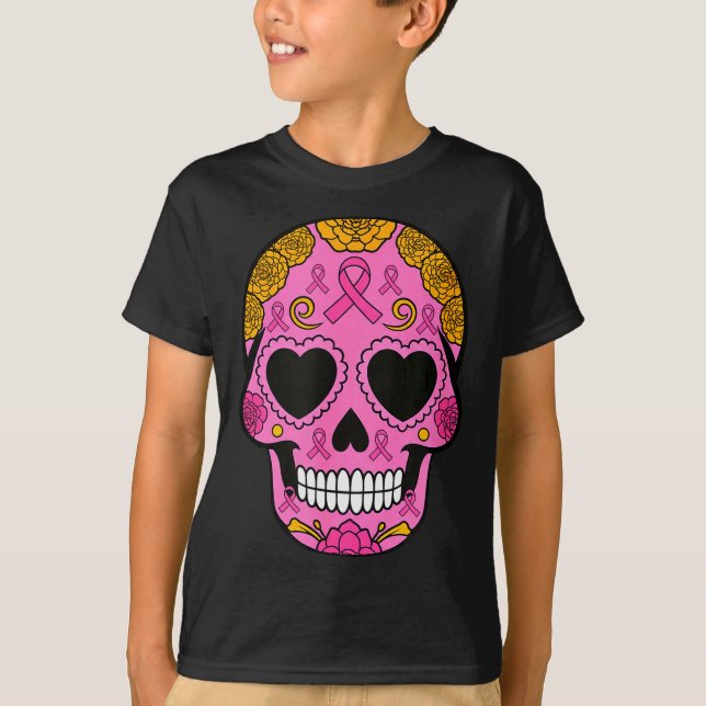 Camiseta Sugar Skull Breast Cancer Awareness Nk Ribbon Cala (Anverso)
